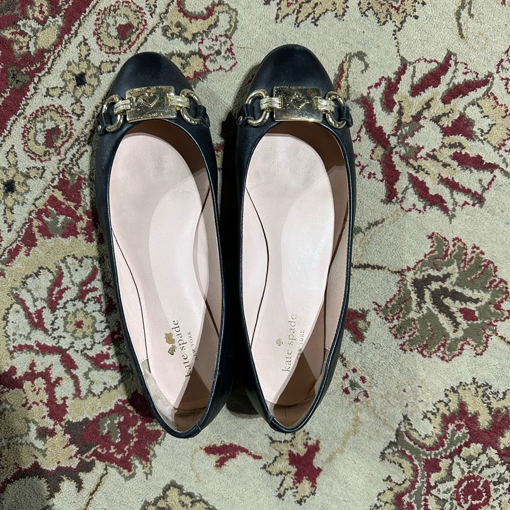 Kate Spade Black Flats with Gold Chain Accent